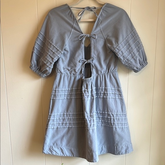 7 for All Mankind Blue Boho Babydoll Puff Sleeve Open Back Bow Mini Dress Sz S - Picture 8 of 13
